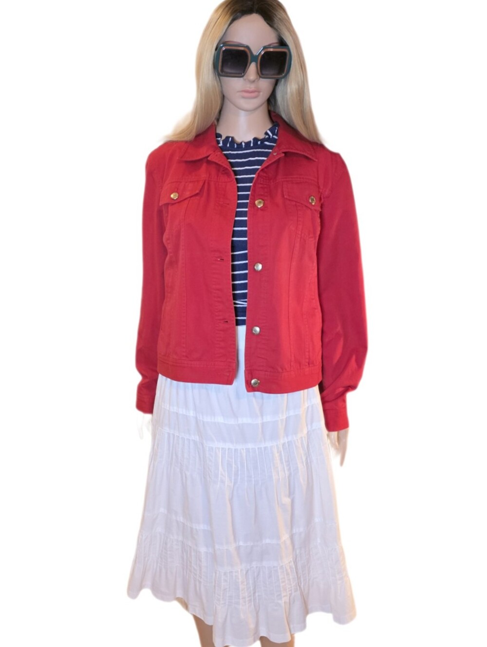 Vintage Chaps Ralph Lauren Red Denim Jacket Size LG Classic Preppy 21" P2P